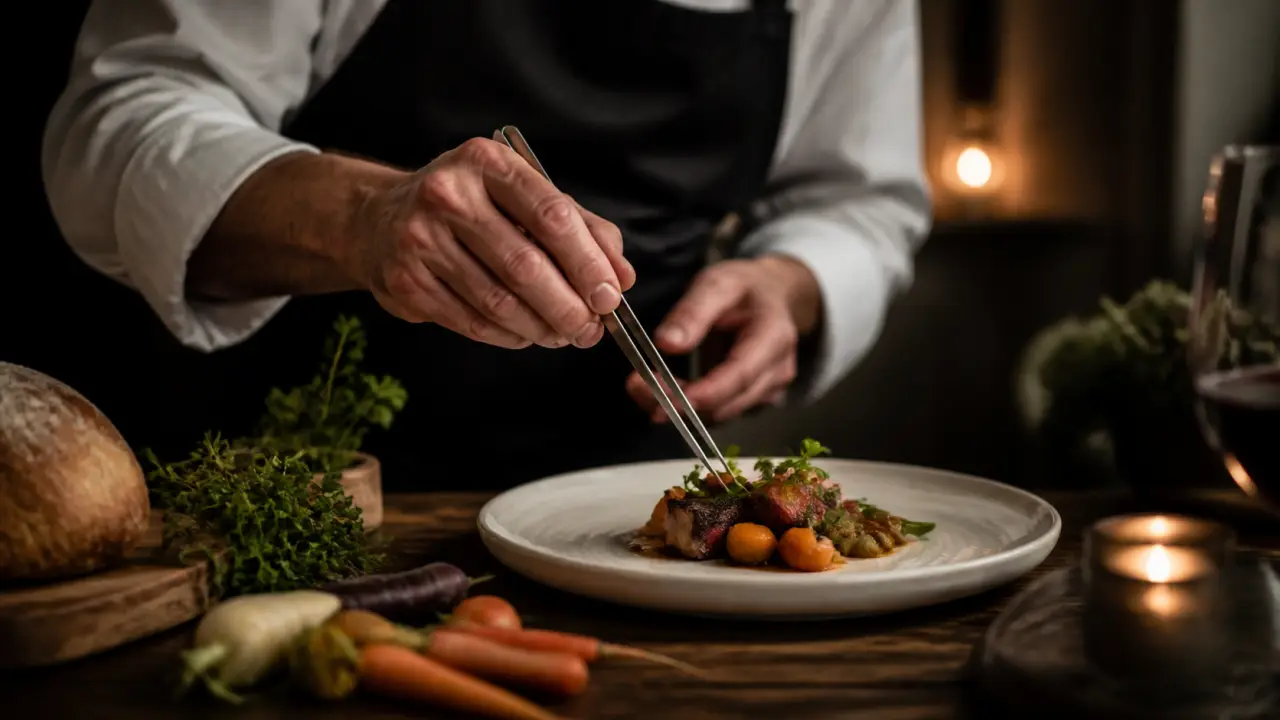 Assiette gastronomique en clair-obscur, dressée avec élégance dans une atmosphère chaleureuse