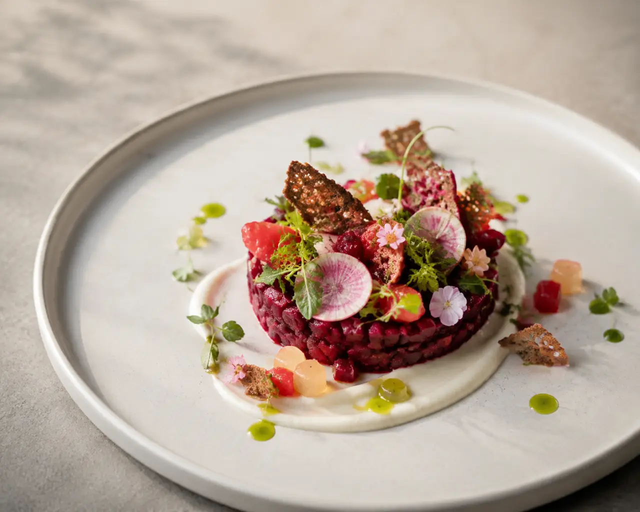 Une entrée vegan gastronomique qui fait oublier les clichés grâce aux couleurs, aux textures et au dressage