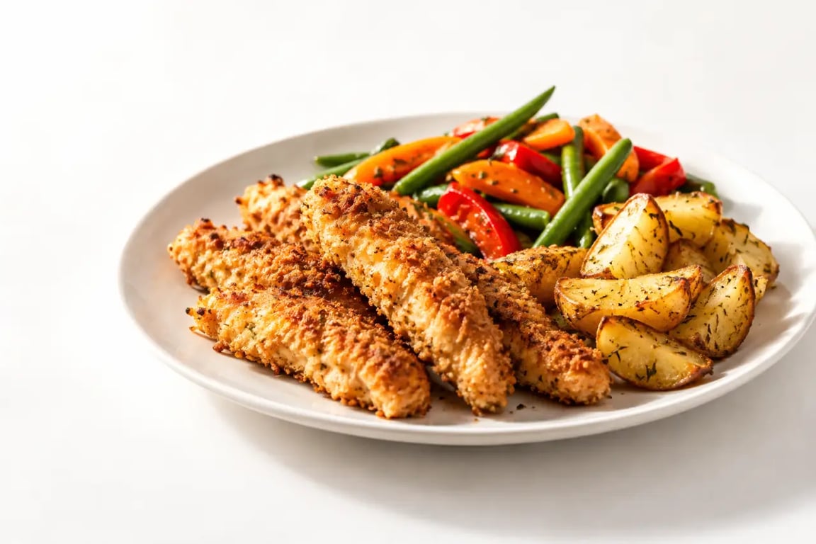 Airfryer recettes : poulet croustillant et légumes rôtis servis dans une assiette