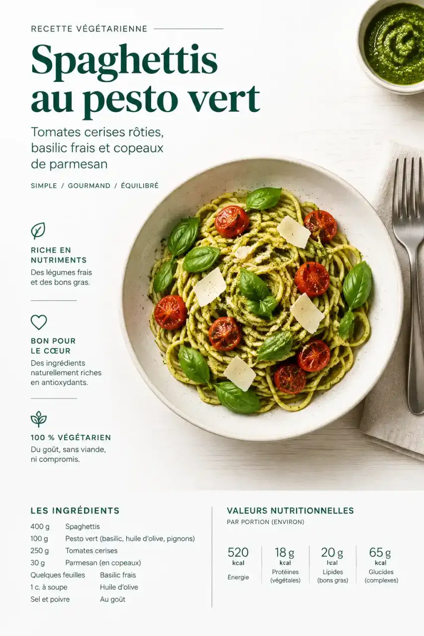 Assiette de pâtes végétariennes au pesto, tomates cerises et basilic frais