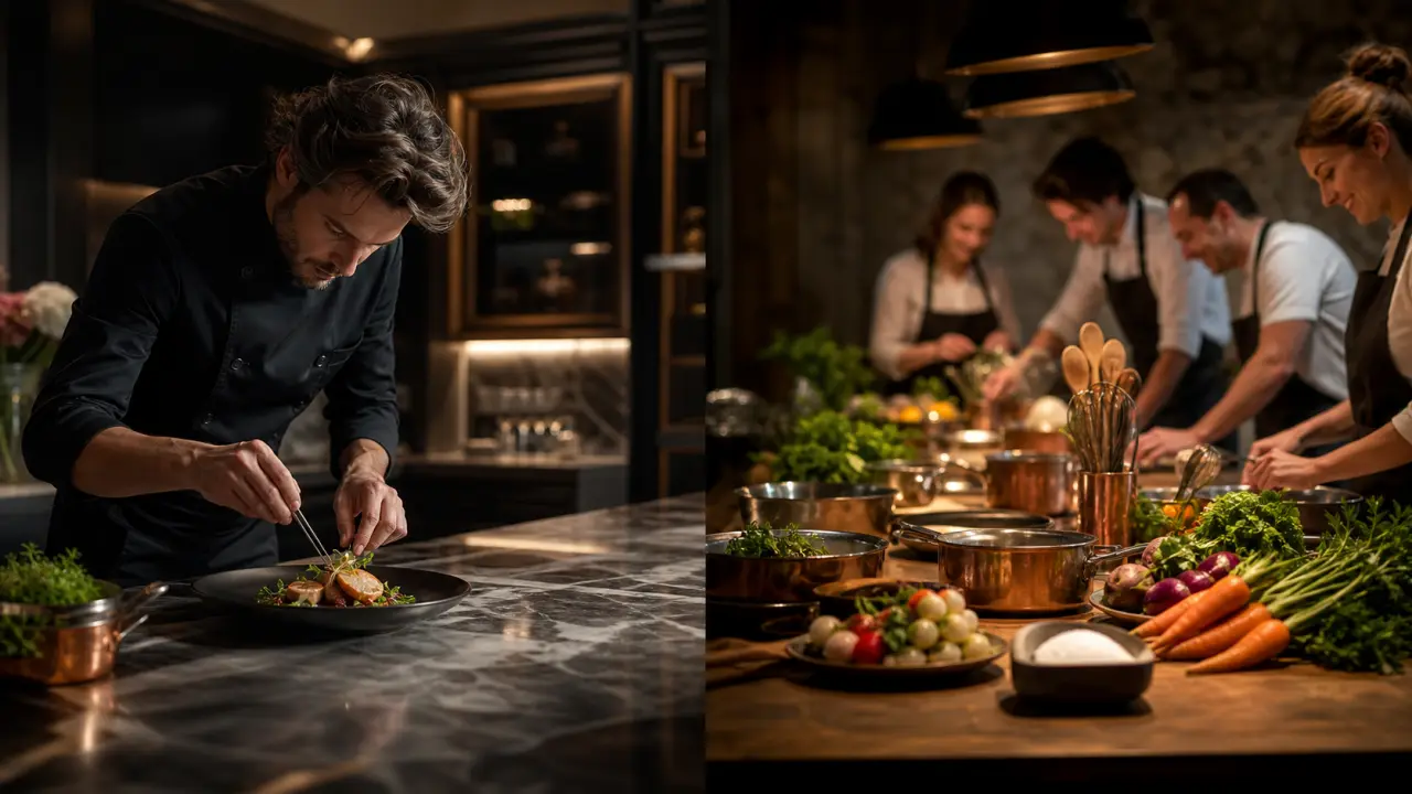 Assiette gastronomique en clair-obscur, dressée avec élégance
