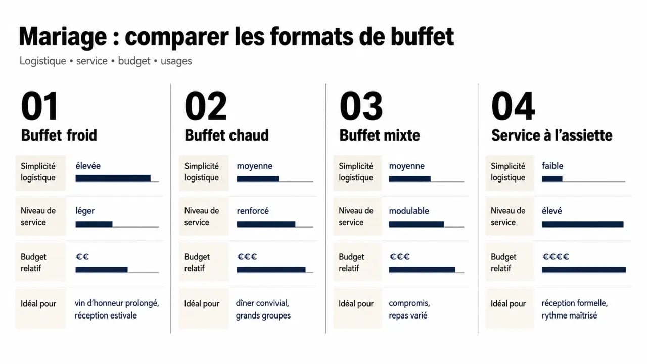 Buffet pour un mariage : comparaison visuelle entre buffet froid, buffet chaud, buffet mixte et service à l’assiette