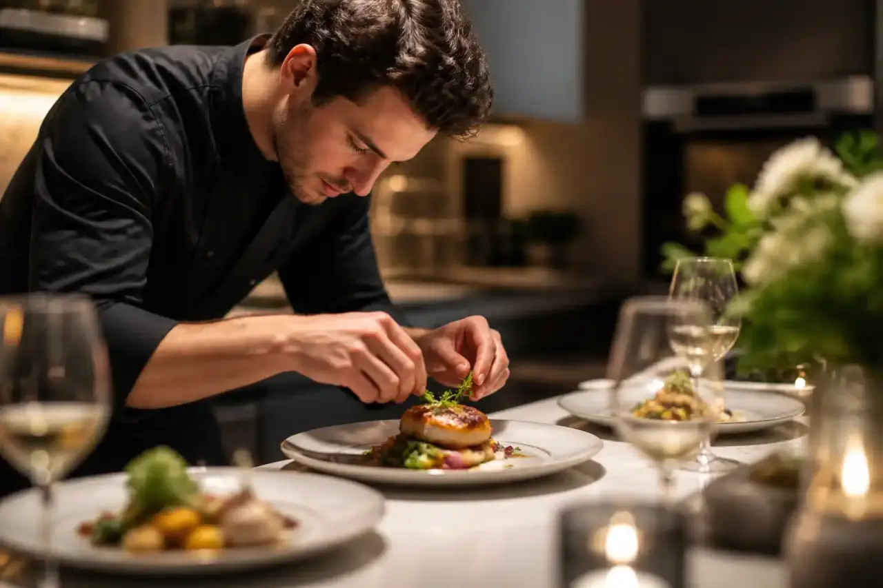 Assiette gastronomique élégante en clair-obscur, dressée pour un dîner d'exception