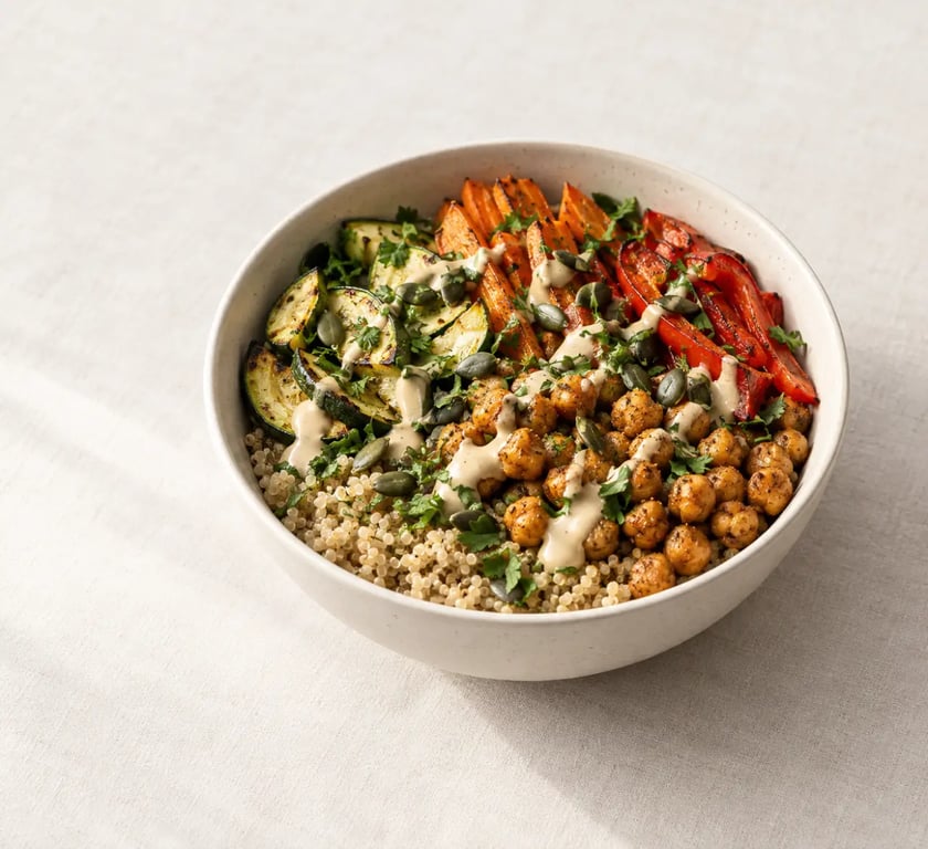 Recette vegan et sans gluten de bol de quinoa, pois chiches et légumes rôtis